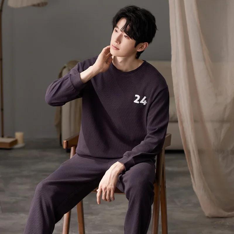 

Новая осенняя хлопковая пижама для мужчин, модная пижама с круглым вырезом, длинные рукава, длинные брюки, домашняя одежда, одежда для сна Asian XL (65-75kg)