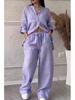 Casual Cotton Linen Solid Color Shirt & Drawstring Wide Leg Pants Set