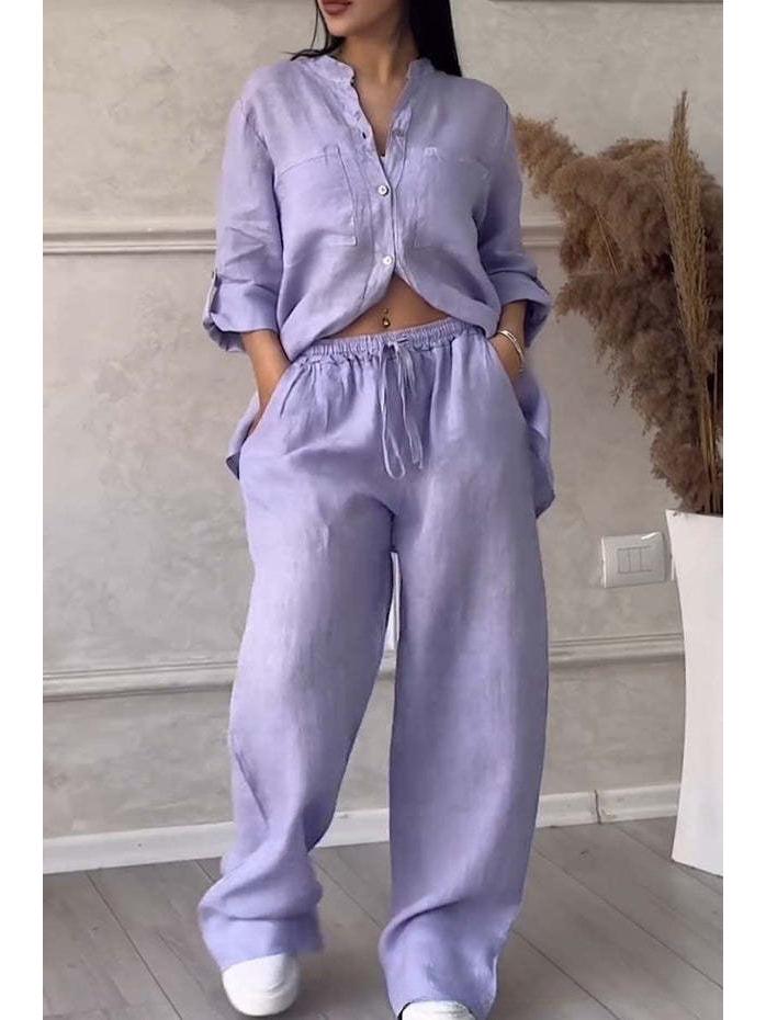 Casual Cotton Linen Solid Color Shirt & Drawstring Wide Leg Pants Set