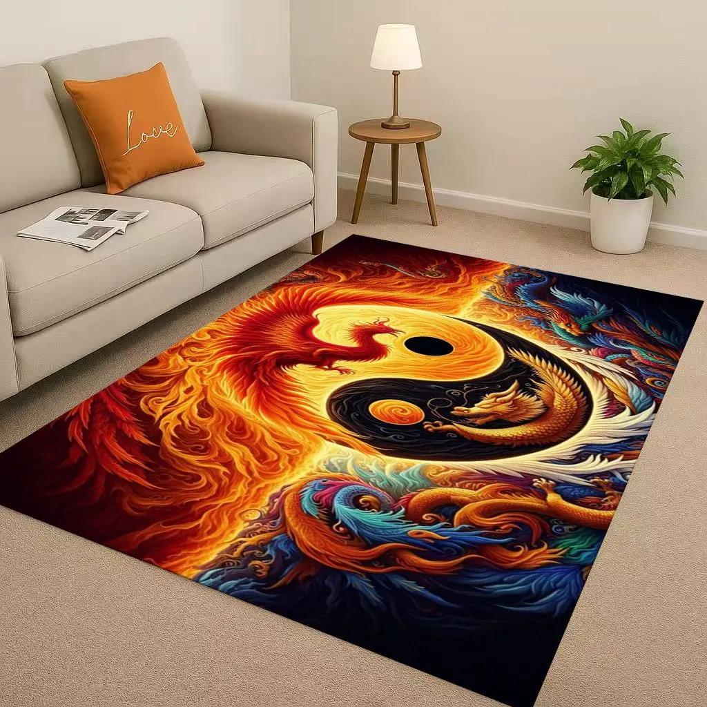 Cartoon Yin Yang Element Dragon Chinese Loong Living Room Non-Slip Area Rug Carpet for Bedroom Playroom Sofa,Home Decor Doormat