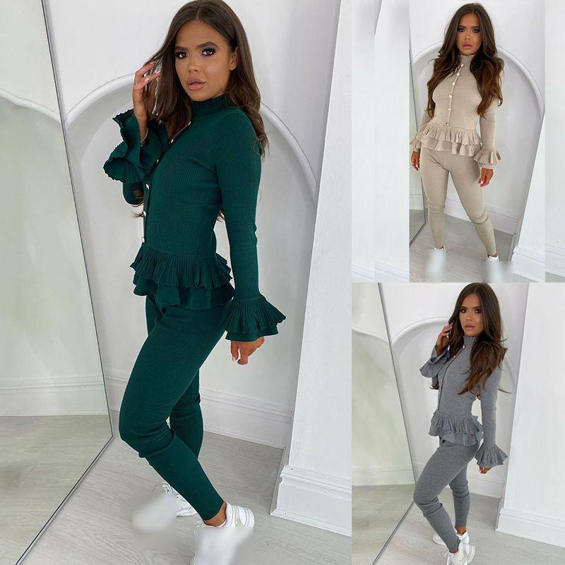 Stylish Women's Ladies Fine Ribbed Frill Peplum Button Loungewear Suit Tracksuit Set For Cozy Comfort