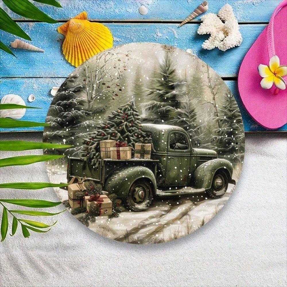 Vintage Metal Tin Sign Green Truck Christmas 8x8 Inch Rustic Wall Decor Farmhouse Retro Art Holiday Gift