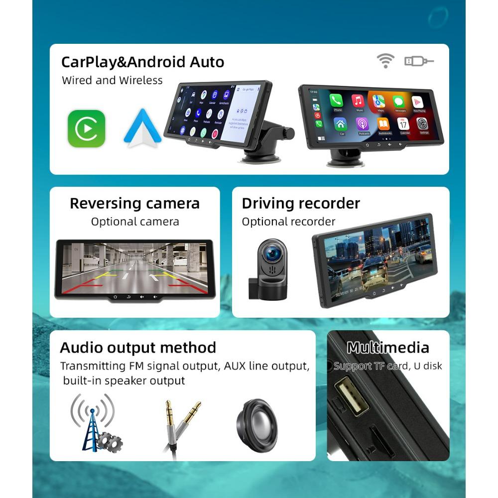 10.26 Inch Portable Wireless Carplay Screen HD Rear Reversing Camera Car Radio DVR MP5 Multimedia Video Player Android Auto