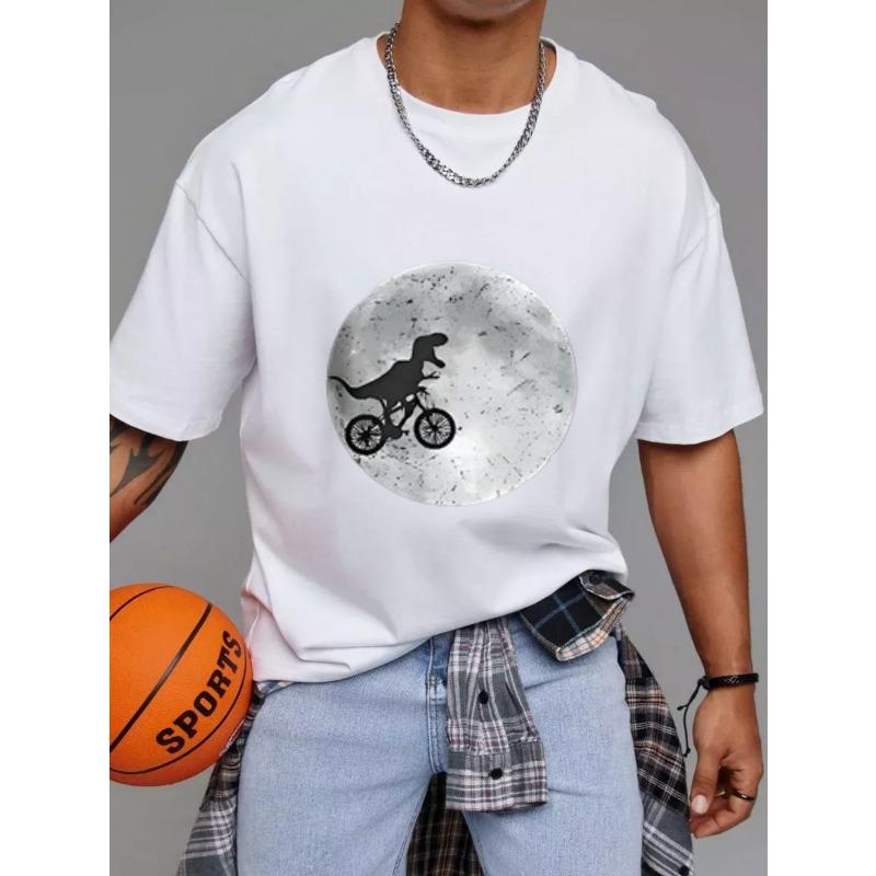 White T Shirt with Dinosaur Riding Bike on Moon Print Casual Summer Wear for Men and Women