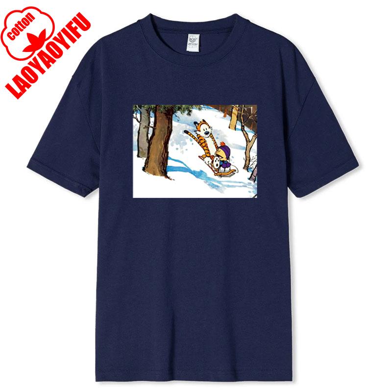 Vintage 90s Calvin Hobbes Tshirt Comic Strip Kawaii Friend Clothes Men Women Simple Casual Fashion Tees High Quality Cotton Tops