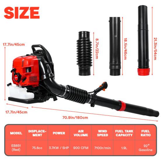 Leaf Blower, 75.6CC 4-Stroke Backpack Gas Leaf Blower, Snow Blower, Up To 900 CFM and 210 MPH, Variable Speed, Cruise Control (Red)