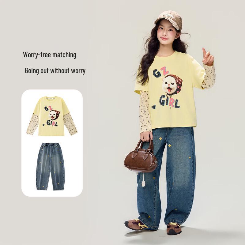 Girls' Fake Two-Piece Floral Long-Sleeve T-Shirt