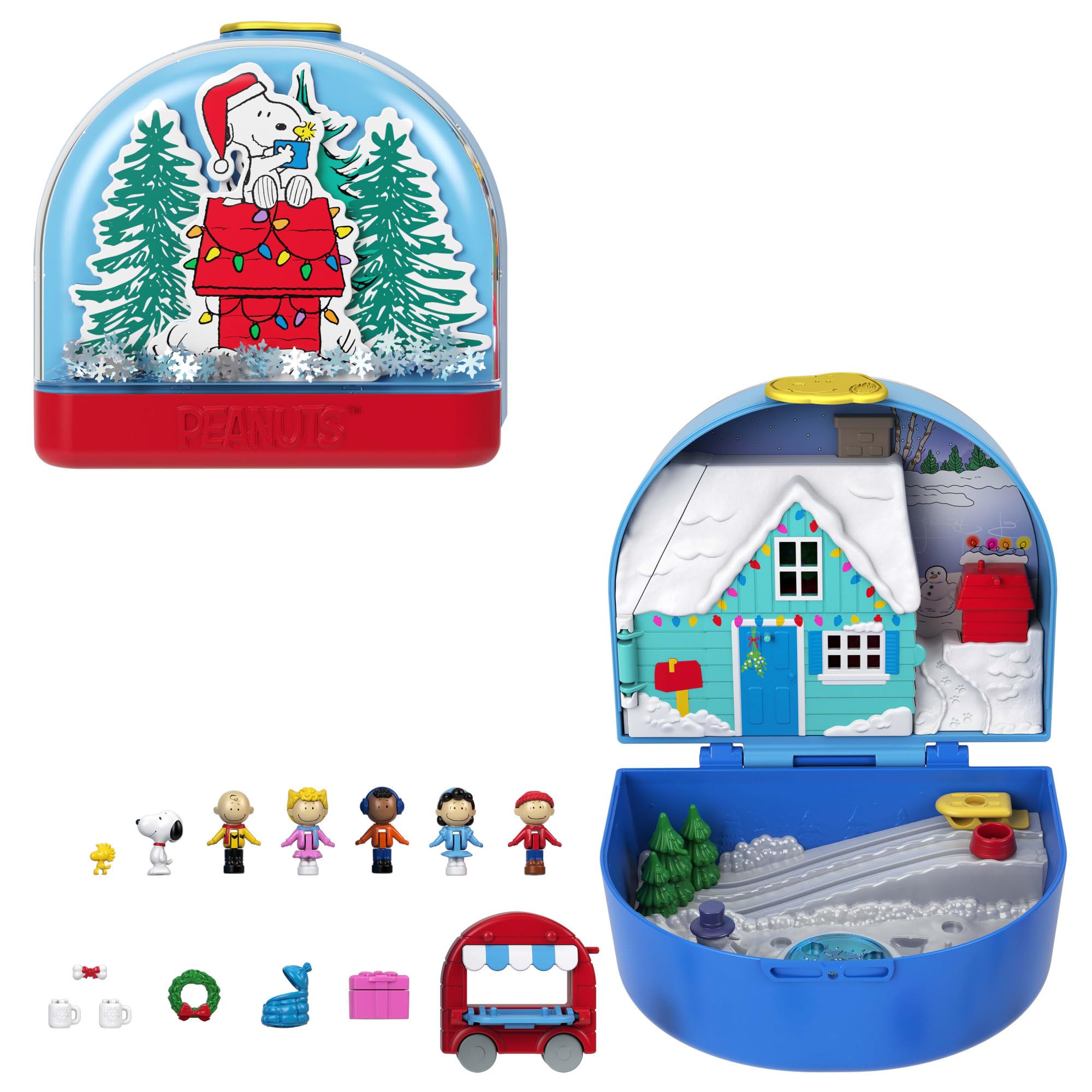 Коллекционная микро-кукла Polly Pocket x Peanuts, 7 тематических, 4 культовых компактных кейса Snoopy, игровой набор, аксессуары, локации и Woodstock.