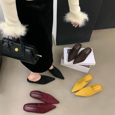Suede Tip 2025 Summer New Flat-bottomed Outer Wear Bag Head Half-drag Thin Flat-heeled Slippers Outer Wear Sandals Women's Shoes