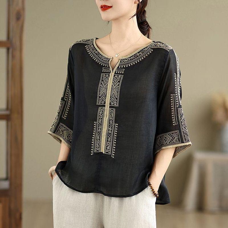 

Retro Cotton Linen Embroidered T-Shirt & Loose Pants Set for Plus Size Women M (Recommended 40-50 kg)