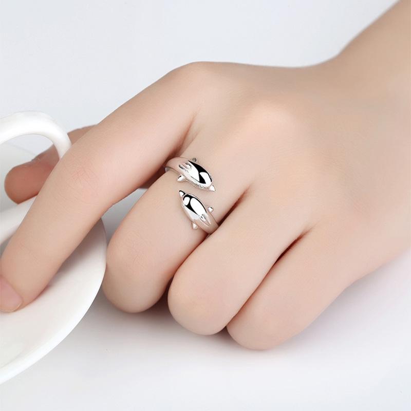 925 Sterling Silver Ring Delfin Öppen Par Ring Dam Svans Ring Smycken Silver Tillbehör Ring