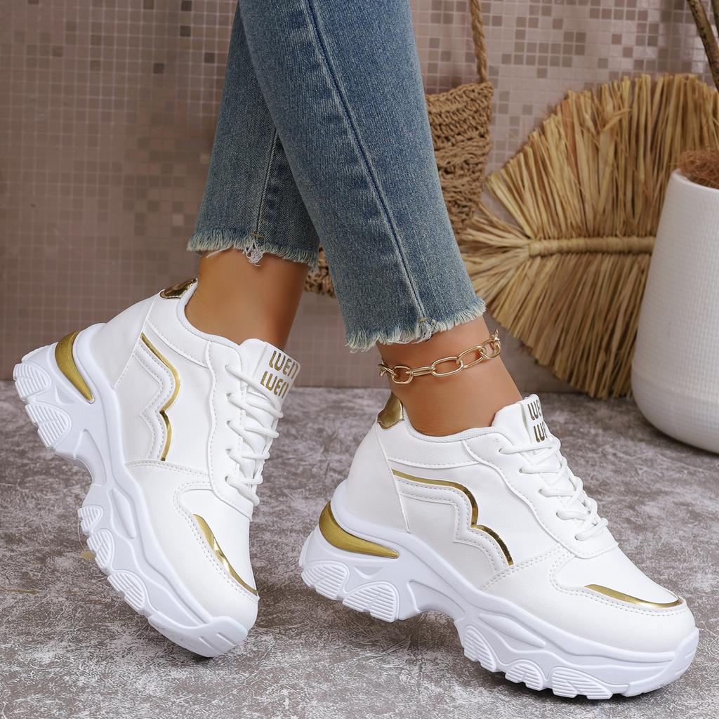 Damen Sportschuhe Große Größe Patchwork Leder Damen Sneaker Erhöhende Dicke Sohle Sneaker Damen Luxus Einzelne Freizeitschuhe