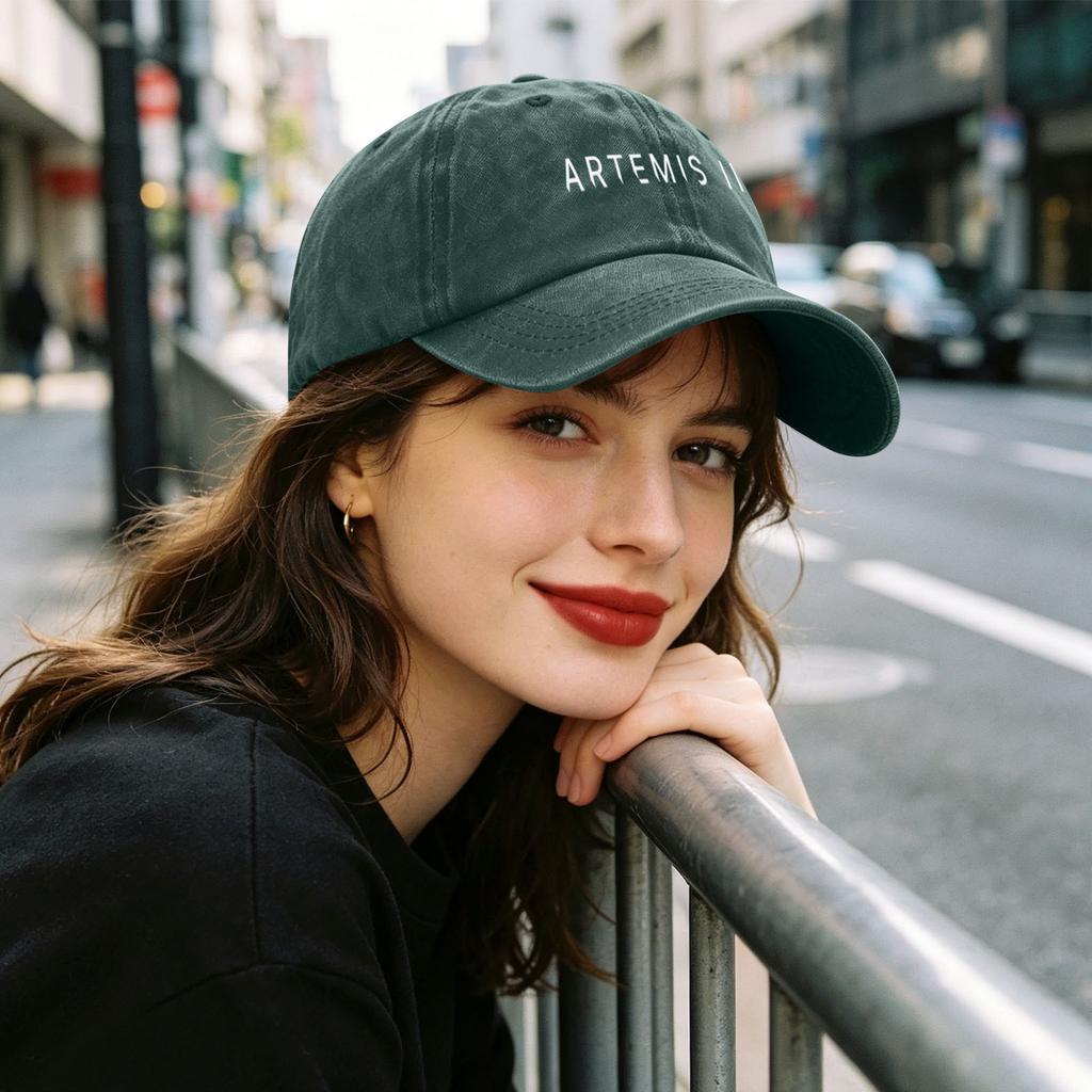 Casual Unisex Adjustable Baseball Cap Featuring Artemis II Embroidered Design Durable Cotton Twill Fabric Structured Crown Low Profile Visor