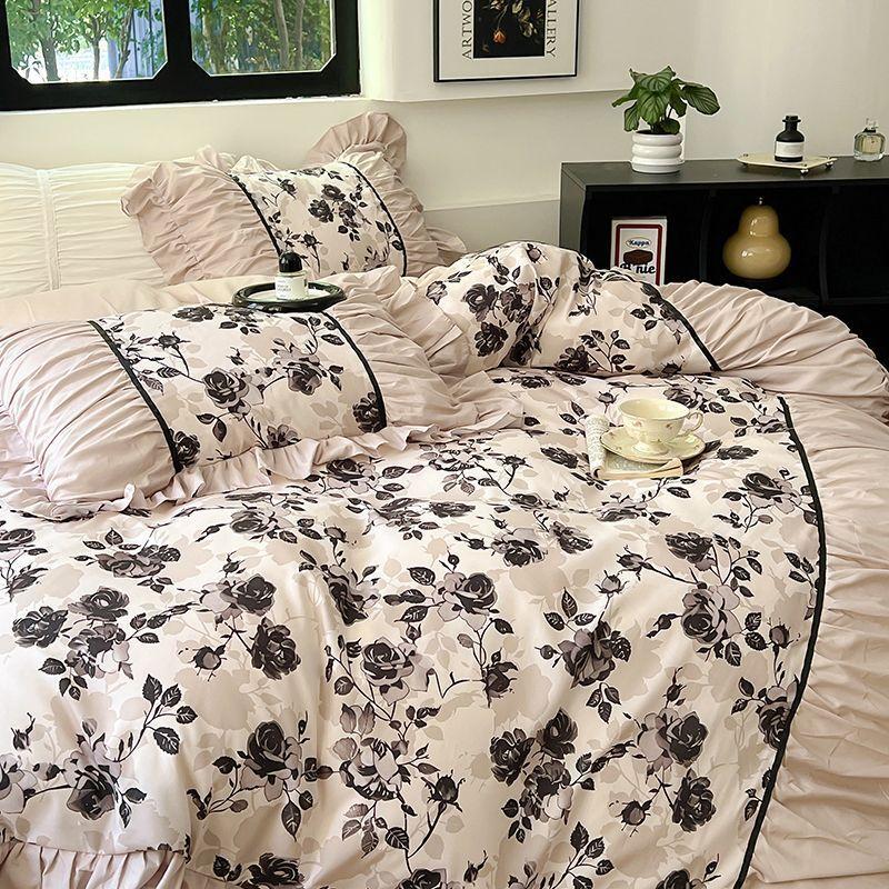 French Retro Light Luxury Washed Cotton Four Piece Set Bedroom Lace Duvet Set Single Bedding Set Dormitory Bed Linen