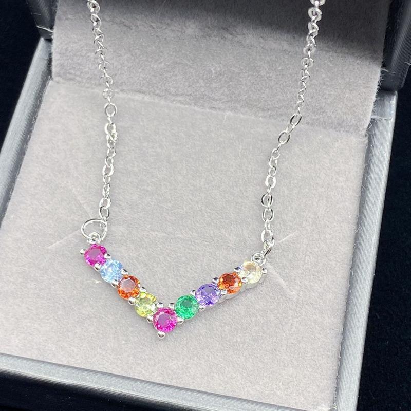 POMOiii New Imitation Seven-color Rainbow Natural Tourmaline Pendant Necklace Women's Collarbone Chain