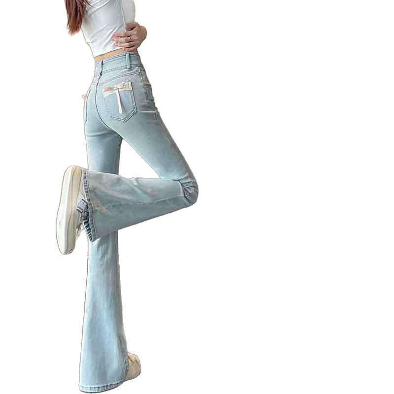 Peach Buttocks Micro-Flare Jeans: Women's High-Waisted, Light Blue, Butt-Lifting, Bow Knot, Spring 2026.