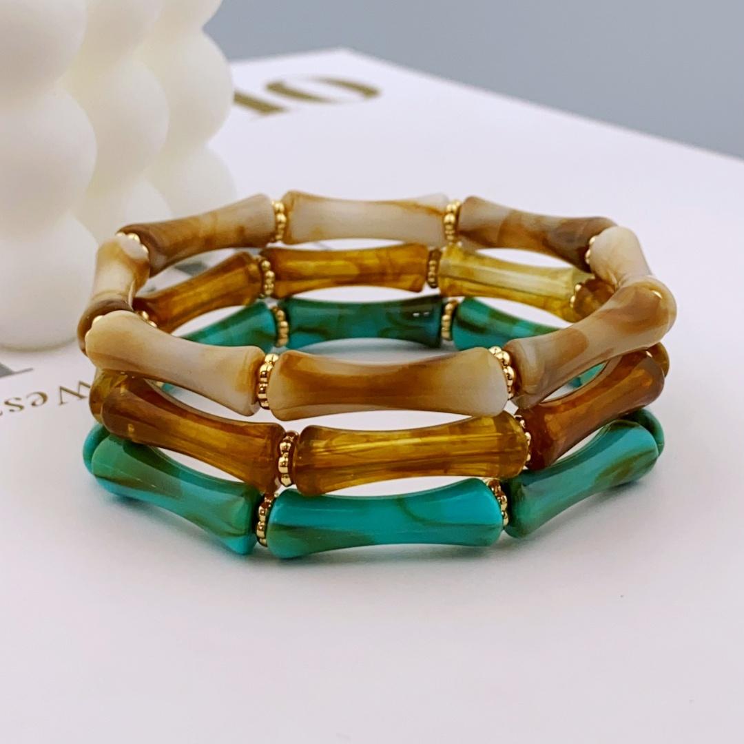 

3шт. Акриловый эластичный браслет с бусинами и разноцветными бамбуками для женщин, повседневный браслет для женщин