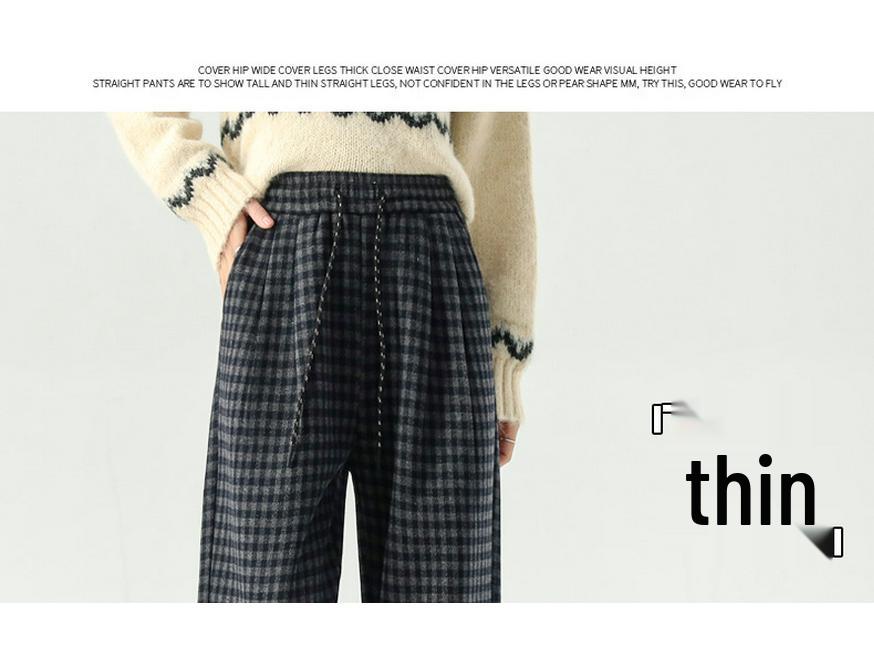 Zhengzhou Women's High Waist Retro Plaid Pants: Autumn/Winter Loose Slim Fit, Straight/Wide Leg, Fleece 2697.