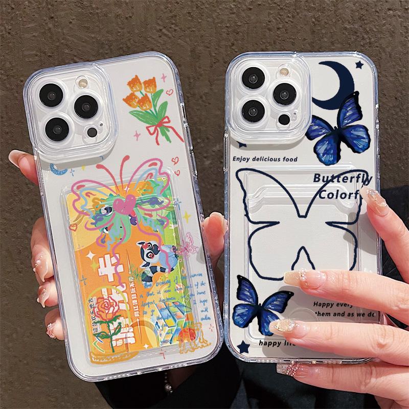 Card Slot Holder Silicone Wallet Pocket Case For Oppo A38 A58 A60 A78 Infinix Note 30 Samsung A06 A16 A36 A56 Redmi Note 13 Cover Clear Phone Bumper