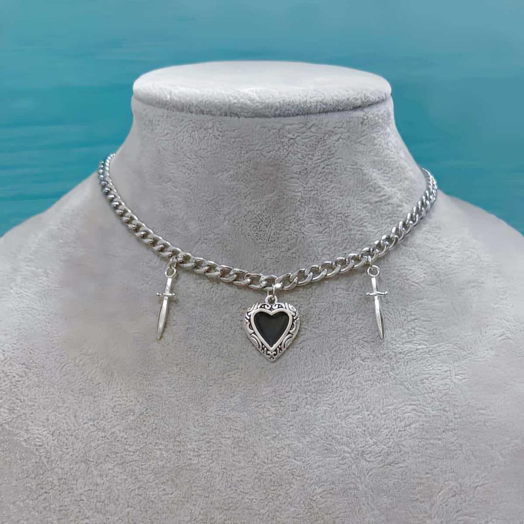 Punk Gothic Red Heart & Sword Pendant Choker Necklace Silver Color Cuban Chain for Women Men Party Daily Y2K Aesthetic Jewelry