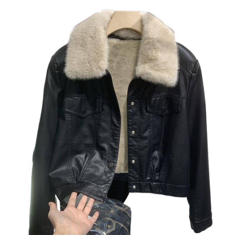 Fleece Leather Jacket Fur Collar Short Leather Jacket Thickened Fashion New Motorcycle Clothes Small Man