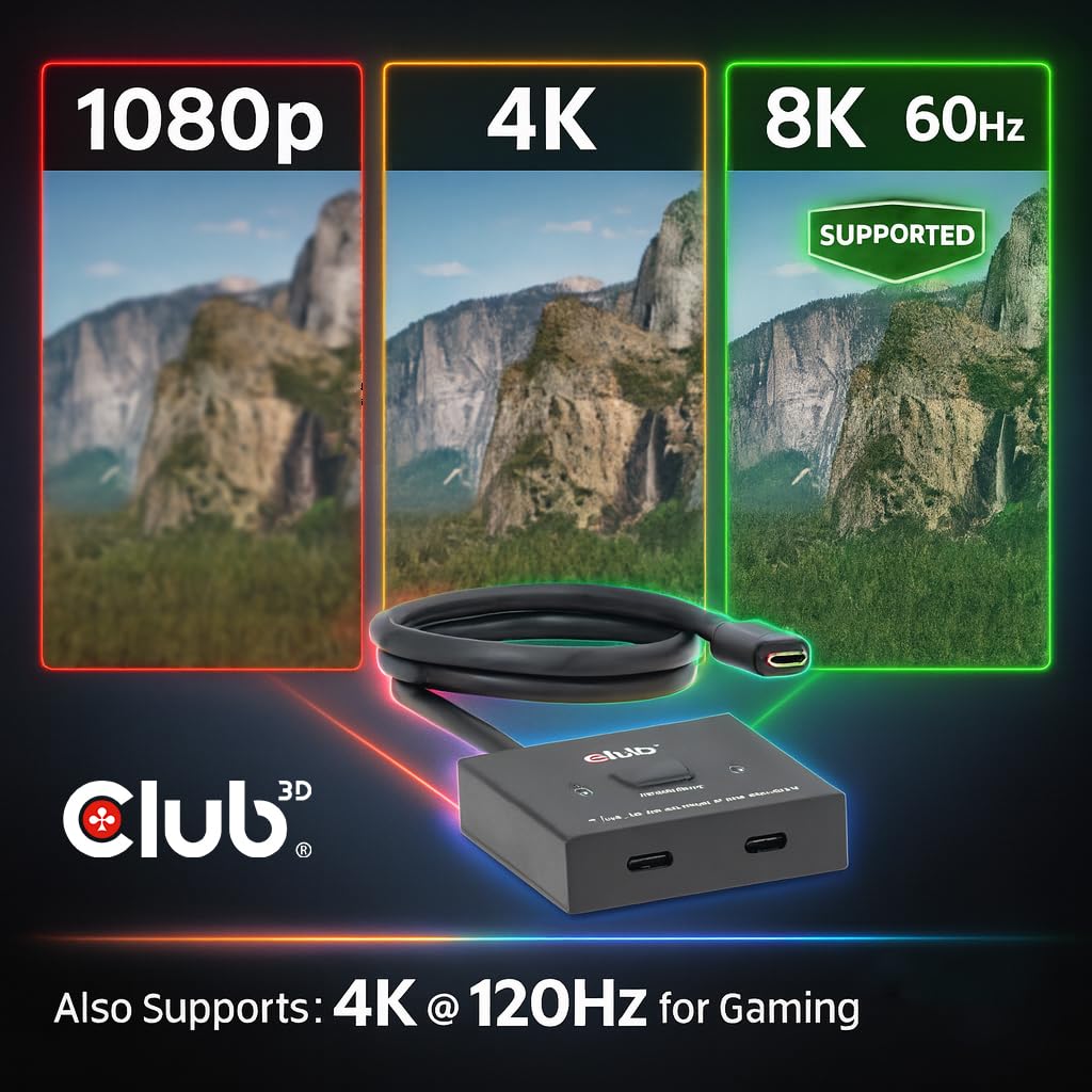 Club3D USB Type-C Bidirectional Switch, 8K60Hz/4K120Hz, 10Gbps, PD3.0, 100W, 2 Inputs/1 Output (CSV-2511)