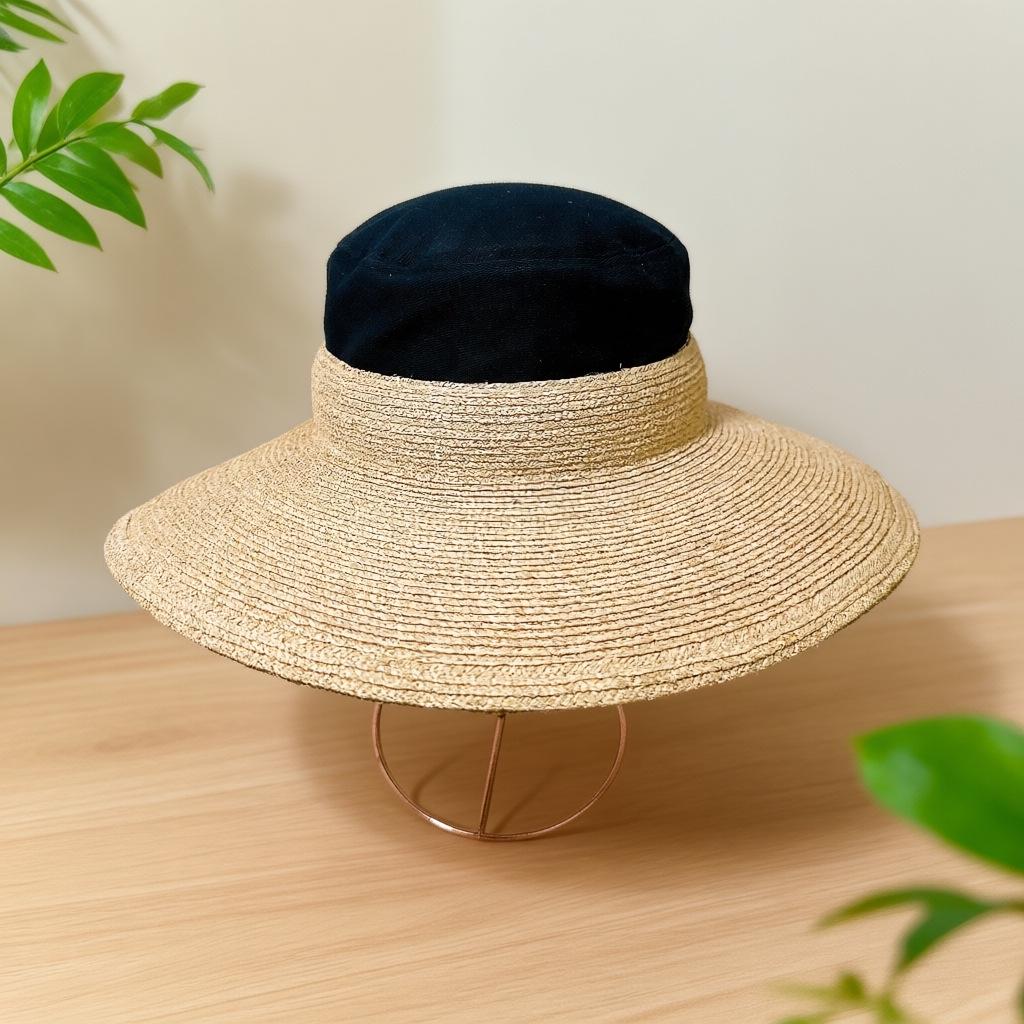 Korean Style Handmade Raffia Wide Brim Sun Hat for Women - Versatile Beach Straw Hat M (56-58cm) чёрный