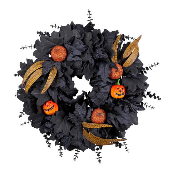 20 Inches Halloween Wreath for Front Door Black Eucalyptus Wreath with Artificial Pumpkin Feather for Indoor Outdoor Wall Window Porch Patio Decor