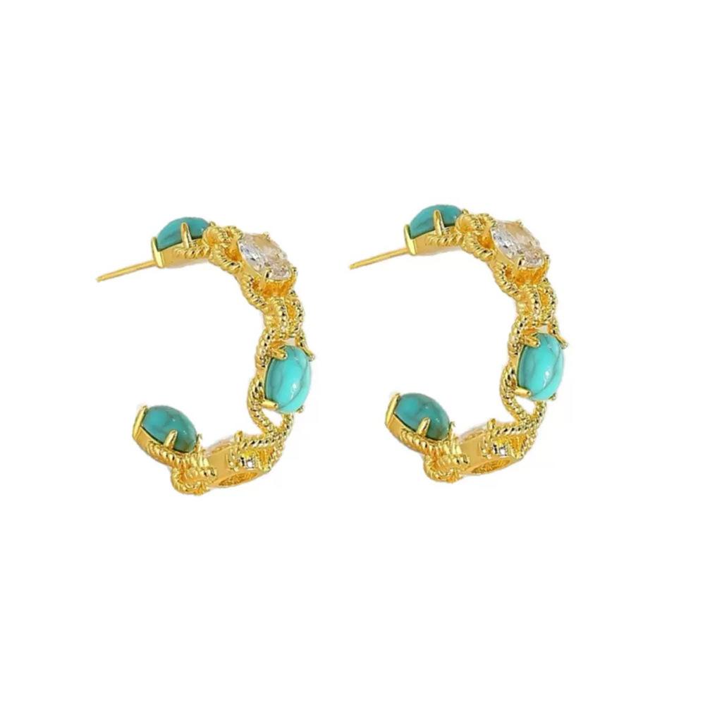 Exquisite Turquoise C-shaped Stud Earrings, Simple and Versatile, Unique Design Earrings, Light Luxury and High-end Earrings for Women