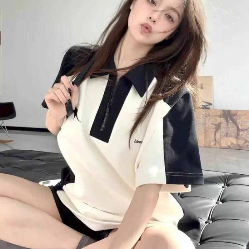 2KWEIRD Koreanischer Y2k-Reißverschluss T-Shirt Vintage Lässig Kpop Mode Sommer Grunge Übergroße Weiße T-Shirts Locker Kurzärmeliges Oberteil