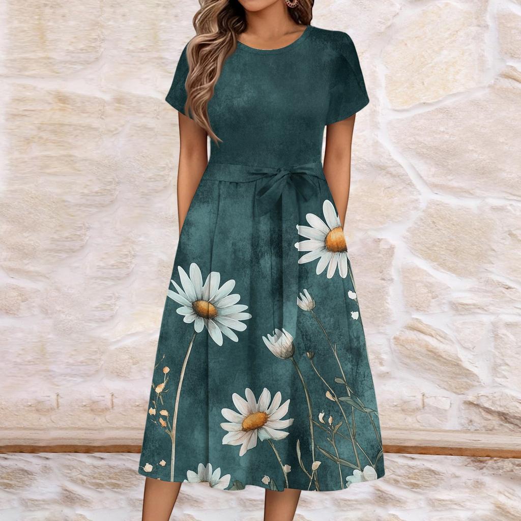 Women's Summer  Casual Floral Print  Round Neck Midi Dress Basic Classic Outdoor Everyday Short Sleeve Loose Dress