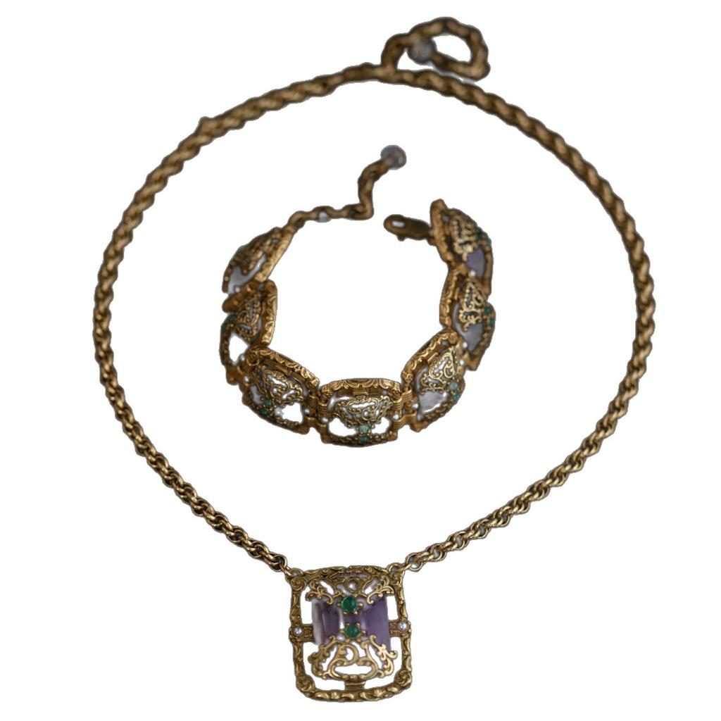 Medieval Vintage High Fashion Personality Temperament Retro Purple Hollow Heavy Industry Pendant Necklace Bracelet, Set