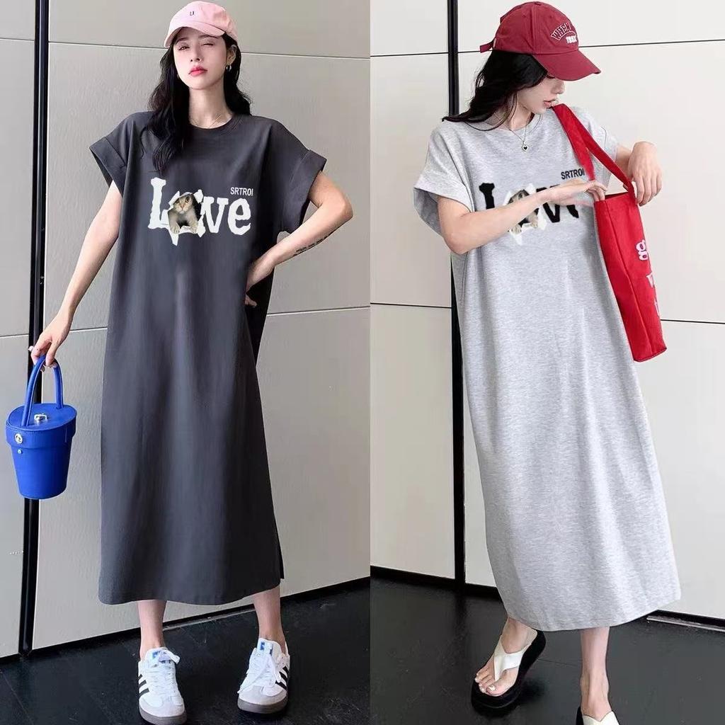 T-shirt Loose Casual Oversized Dress with A Slit At The Hem and A Long Skirt Design