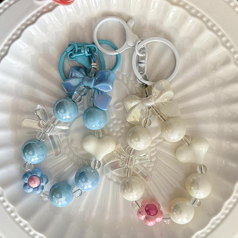 Cartoon Bow Heart Beaded Phone Chain Colorful Keychain Pendant For Women Girls Versatile Backpack Decoration Accessories Gifts
