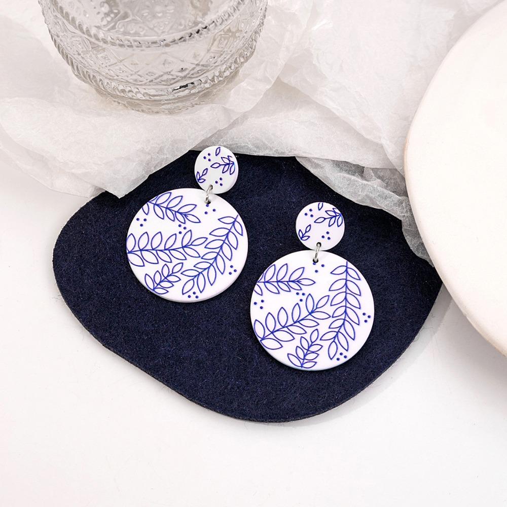 Chinese Style Blue and White Porcelain Earrings Wave Point Elegant Geometric Earrings  Lady/Gifts