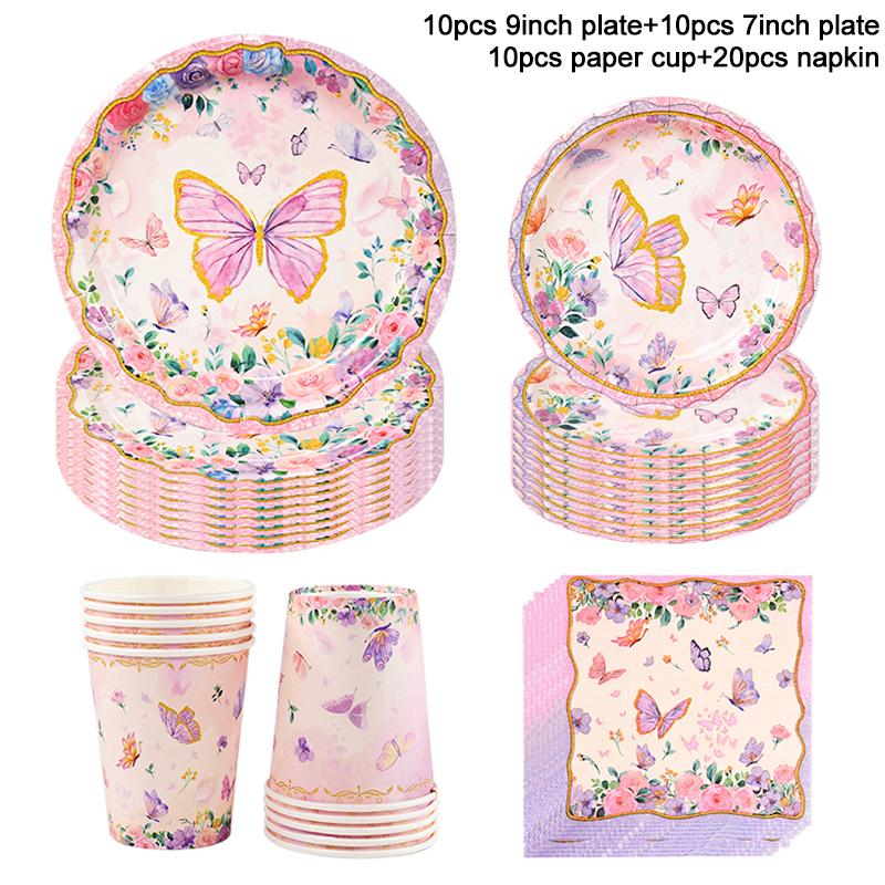 Pink Butterfly Disposable Tableware Set Paper Plates Cup Tablecloth Girls Butterfly Theme Birthday Party Decoration Supplies