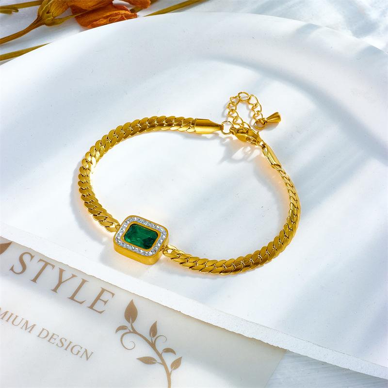 Gold Cuban Link Emerald Square Bracelet – Vintage Luxury Jewelry, Growth Elegance Gift for Women