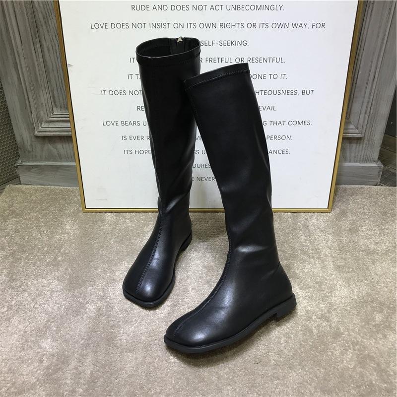 South Korea Dongdaemun autumn and winter new square head retro flat bottom elastic high boots British style female tide
