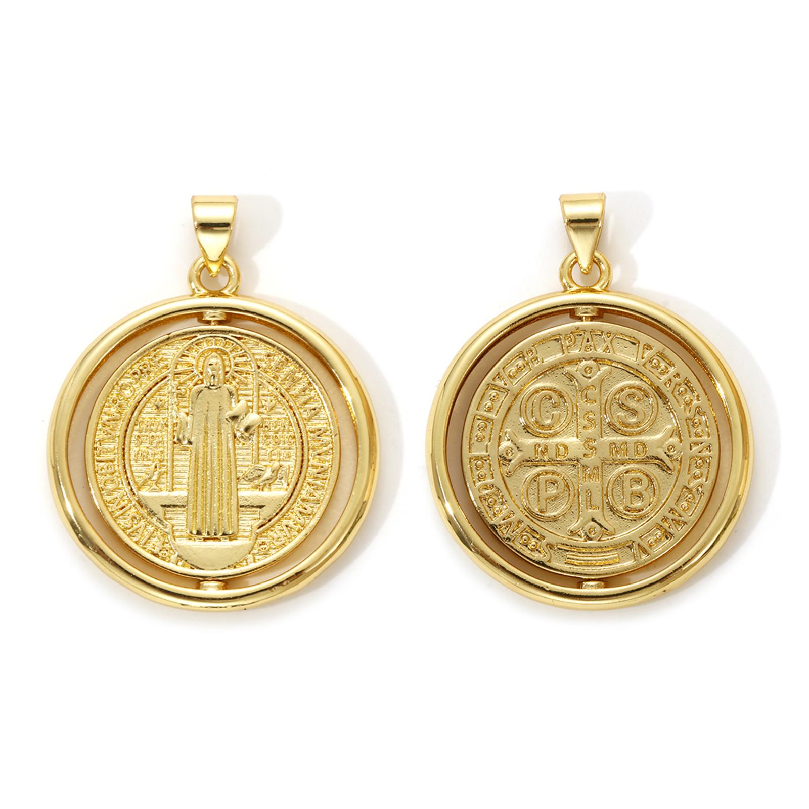

1 Piece Brass Religious Pendants Gold Plated Round St. Benedict Medal Rotatable Charm For DIY Necklace Jewelry 3.2cm x 2.5cm