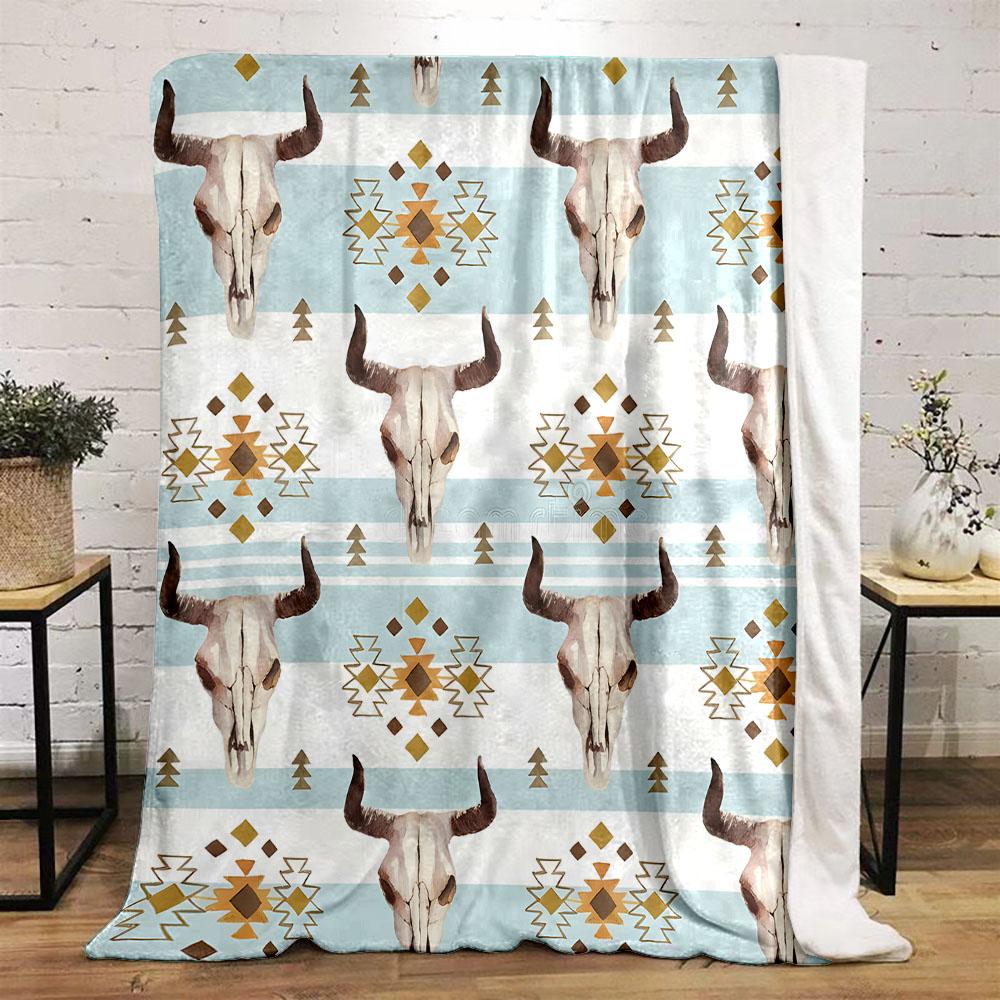 Boho Buffalo Skull and Geometric Pattern Patterned Flannel Blanket Perfect for the Bedroom Living Room, Sofa, or a Little Nap