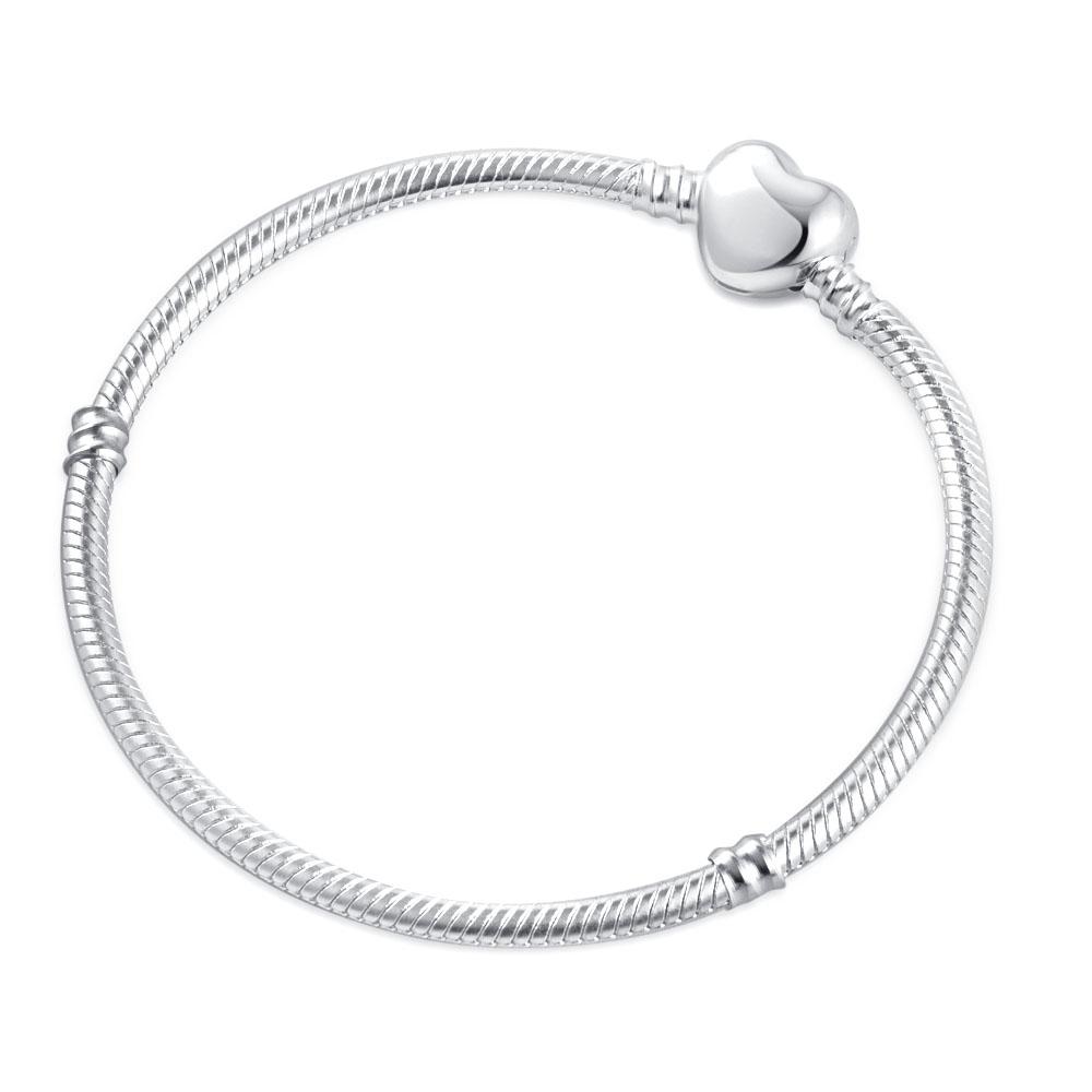 

925 Sterling Silver Snake Chain Bracelet for Women Heart Clasp Fit Original Charms DIY Jewelry Gift 16cm