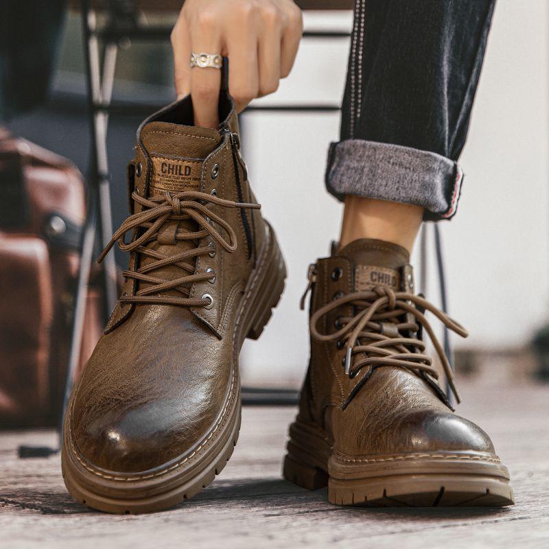 Men s High-Top British-Style Motorcycle Boots - Winter Velvet Side Zipper Retro Leather Mid-Top Work Boots 38 5647₽