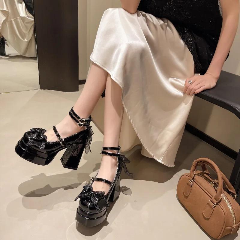 Fashion 11CM Mary Jane Women's Shoes 2025 New Spring Lolita Bow Vintage Shoe Spice Girl Super High Heel Light Cut Single Shoe Women's