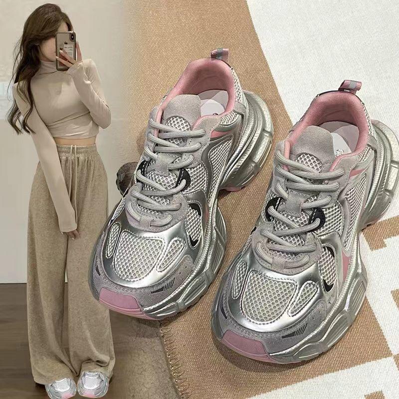 Thick-soled heightening dad shoes women's spring new silver breathable versatile lightweight sports and leisure shoes