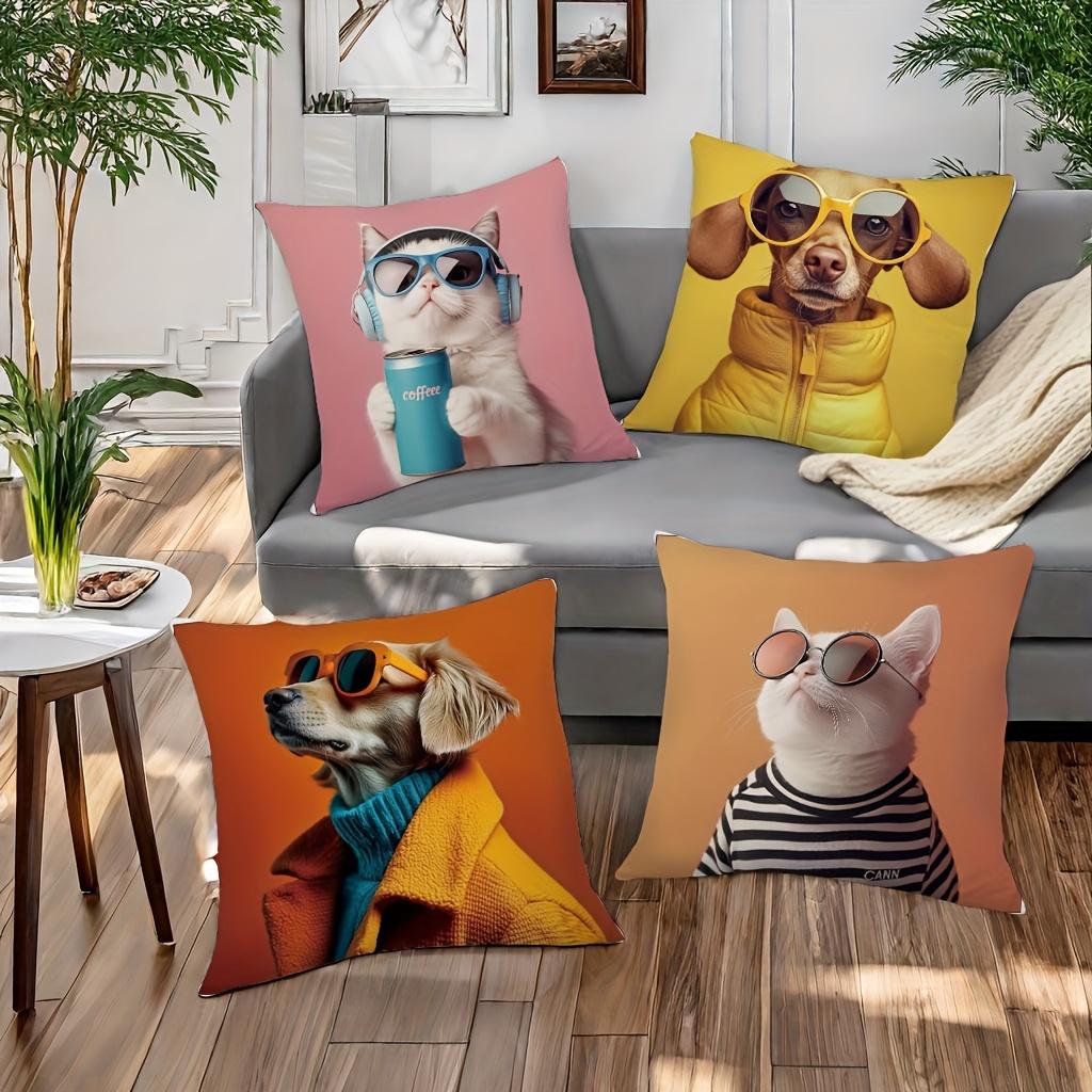 Cats Dogs Wearing Glasses Double-sided Printed Pillow Cover Short Plush Suitable Living Rooms Bedrooms Sofas Throw Cushion Cover