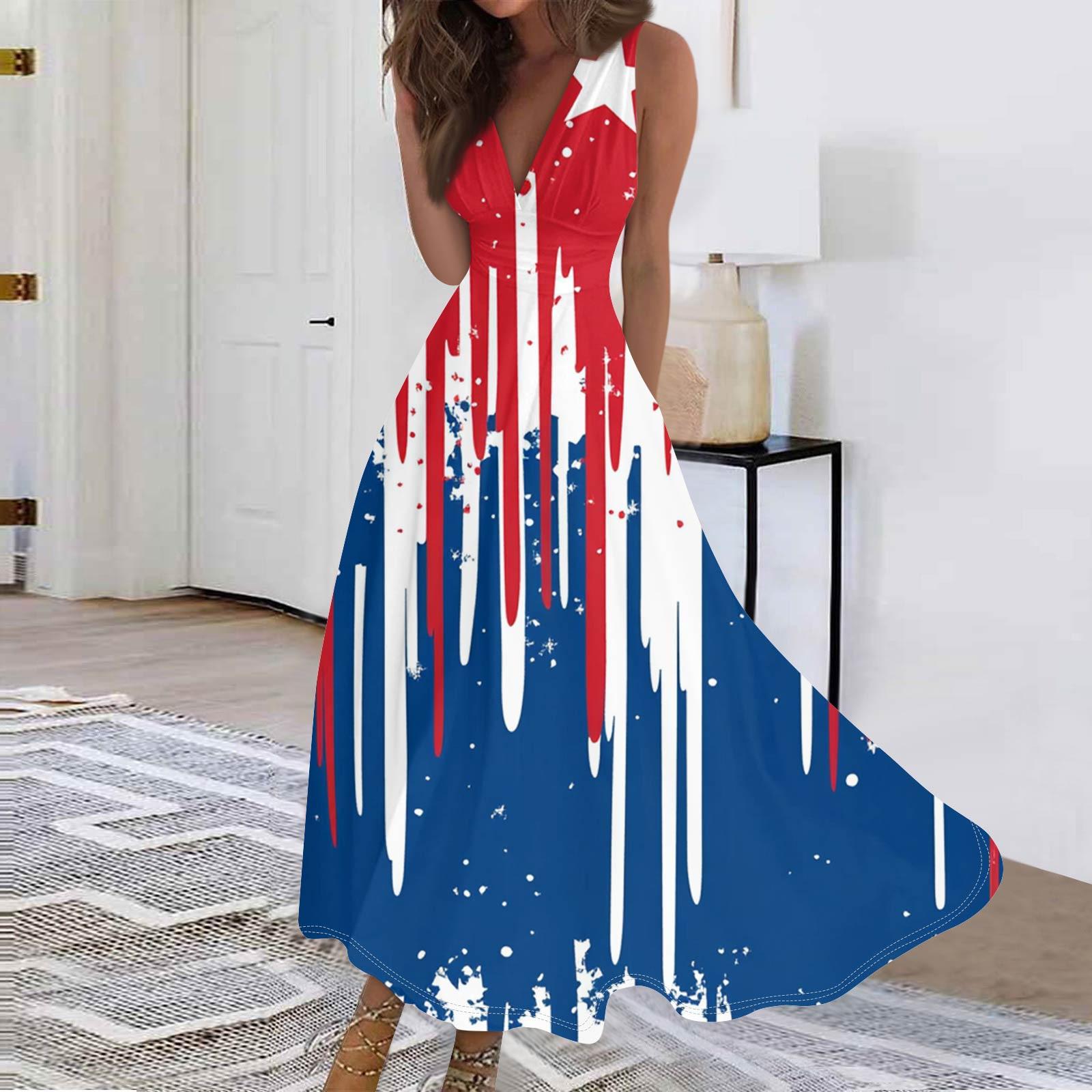 Women s Fashion Casual Loose V Neck Sleeveless Independence Day Printed Long Dresses L