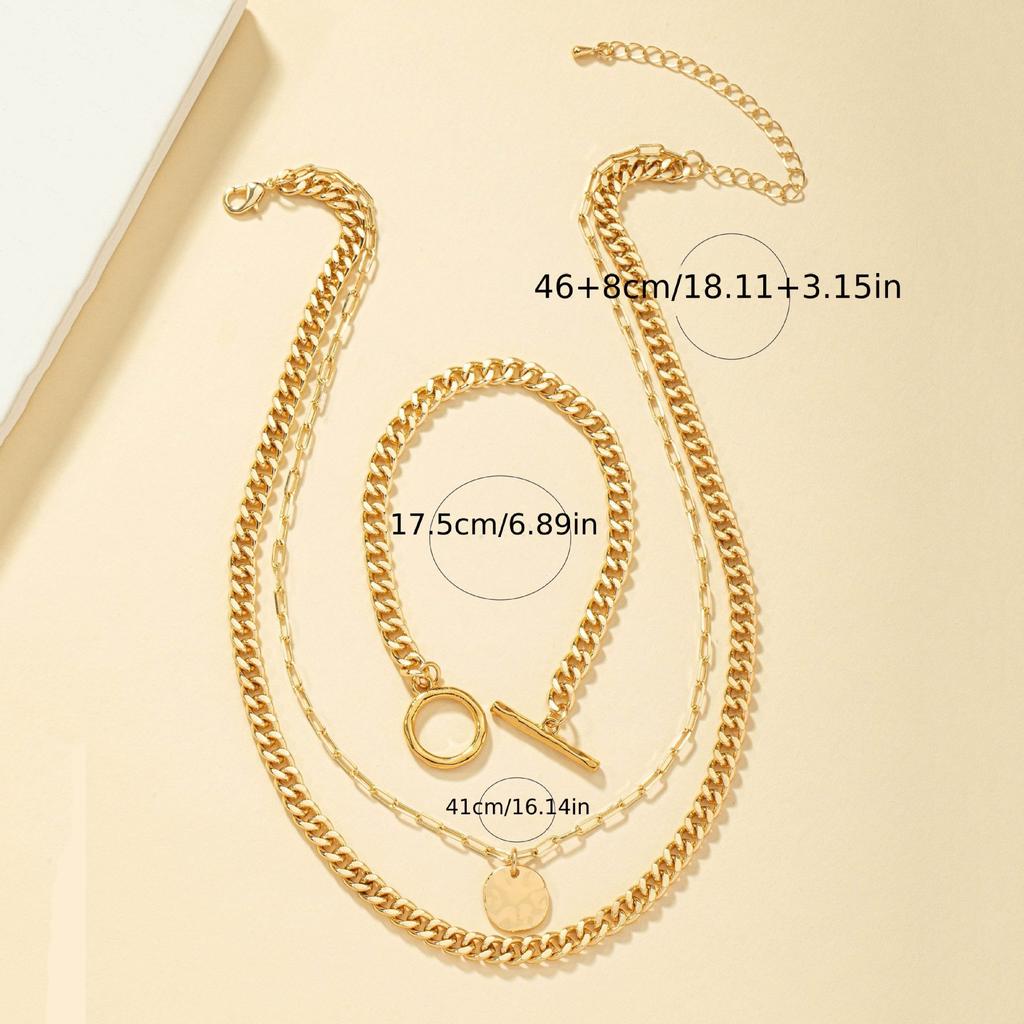 A Set of 2 Multi-layer Buckle Disc Pendants, Chain Necklaces, and 1 Bracelet Set Are Suitable for Women and Girls Parties.