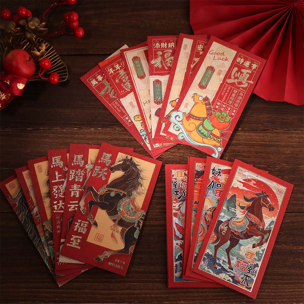6pcs Cartoon New Year Money Envelope Traditional Mixed Pattern Horse Year Red Envelope Thickened Blessings Lucky Red Pockets