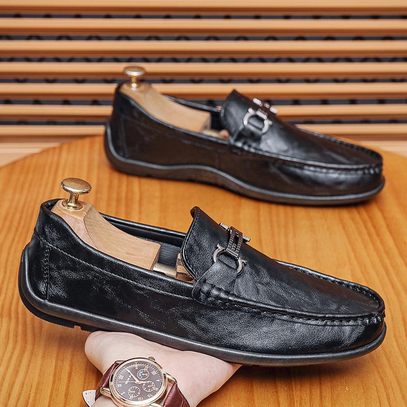 One-pedal Men's Shoes British Black Leather Soft-soled Beanie Shoes Business Men's Casual Leather Shoes Trendy Shoes Men