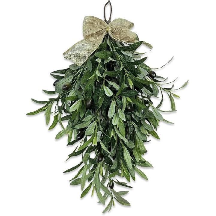 Artificial Olive Garland with Greenery Leaves – Faux Olive Wreath for Front Door, Farmhouse Wall Decor, Hanging Green Wreath for Window or Wedding